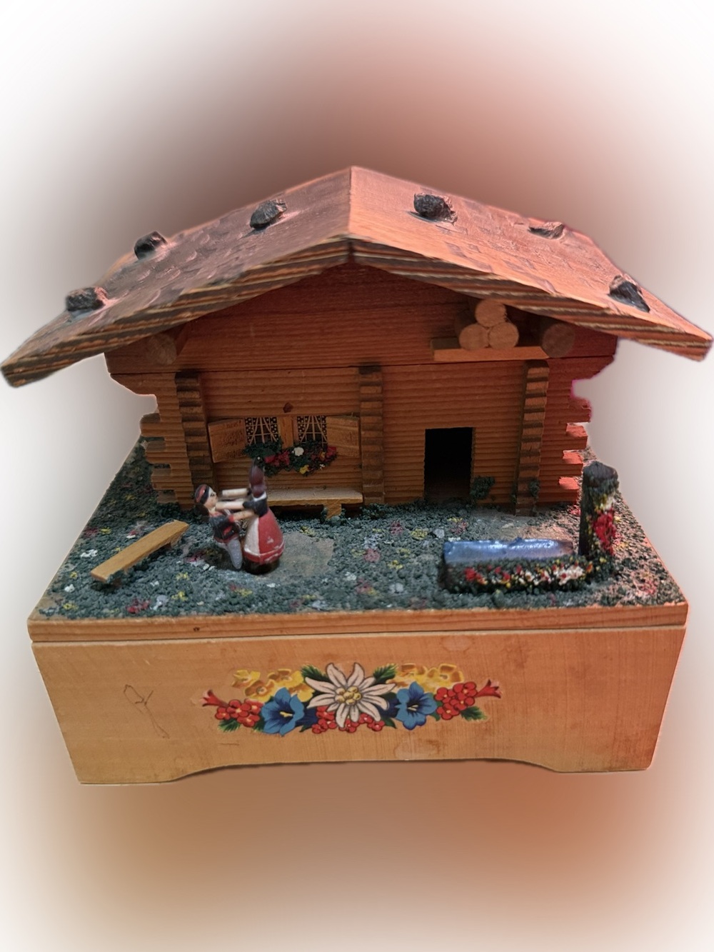 Vintage Swiss Alpine Chalet Music Jewelry Box with Hand-Painted Floral Base